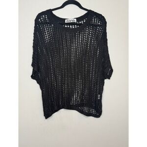 One Eleven North Womens Black Open Knit Crochet Sweater Top Size M Short Sleeve